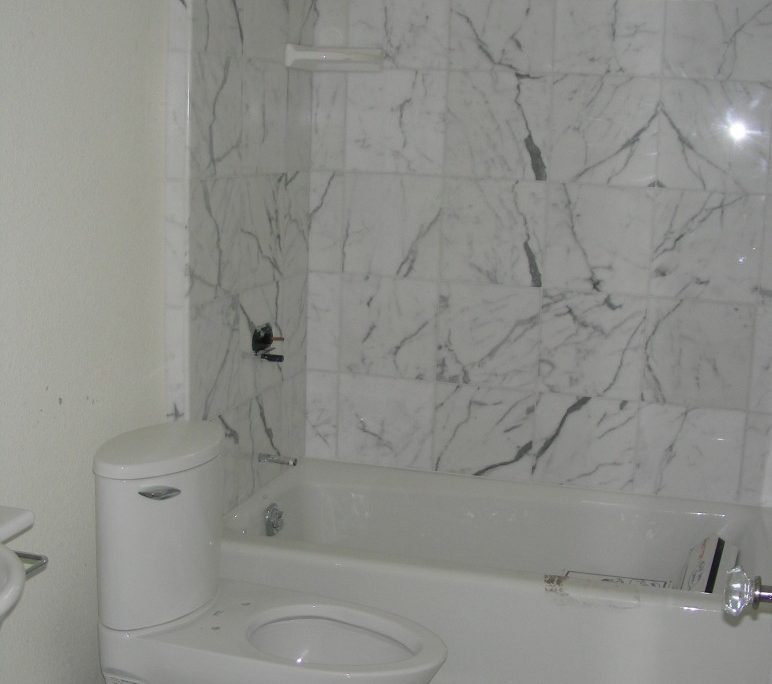 Modern marble-finished bathroom interior by L.E. Baca Construction with bathtub and toilet installation